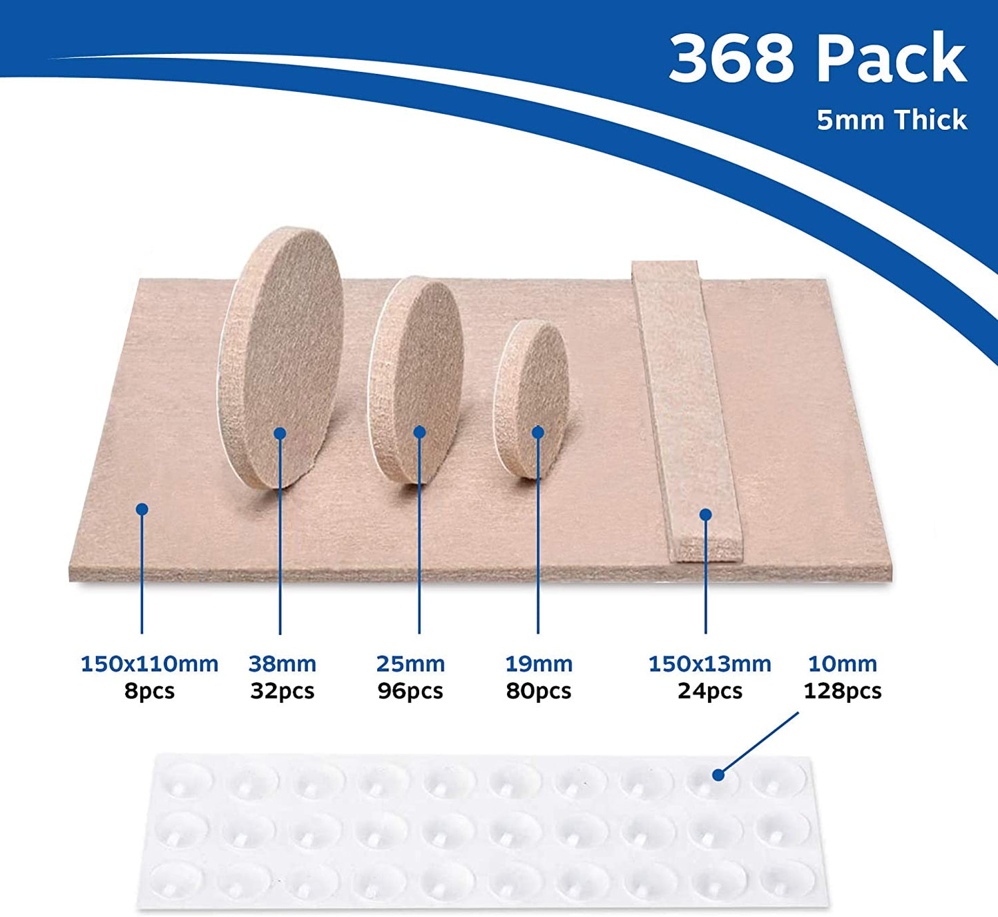Felt pads for furniture feet 368 pack with clear rubber feet. Beige Chair leg floor protectors. Heavy duty furniture pads with strong adhesion.