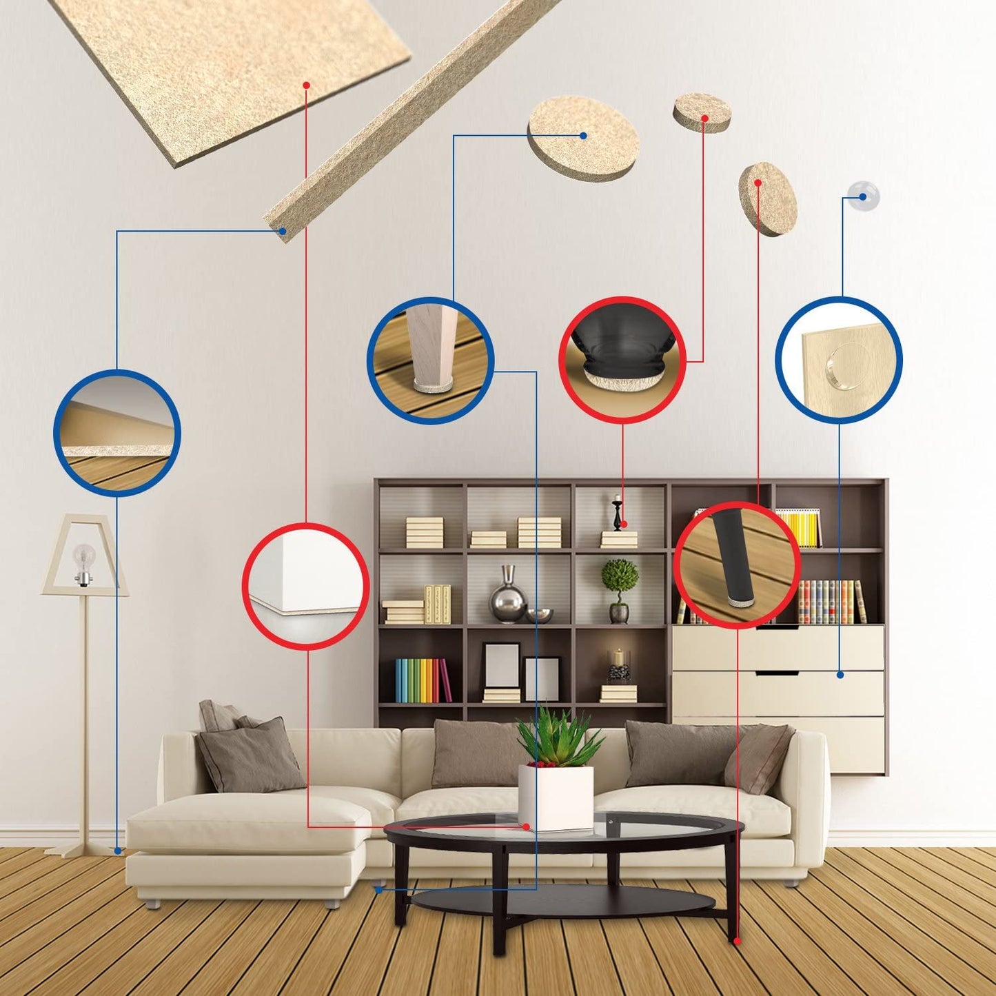 Felt pads for furniture feet 368 pack with clear rubber feet. Beige Chair leg floor protectors. Heavy duty furniture pads with strong adhesion.