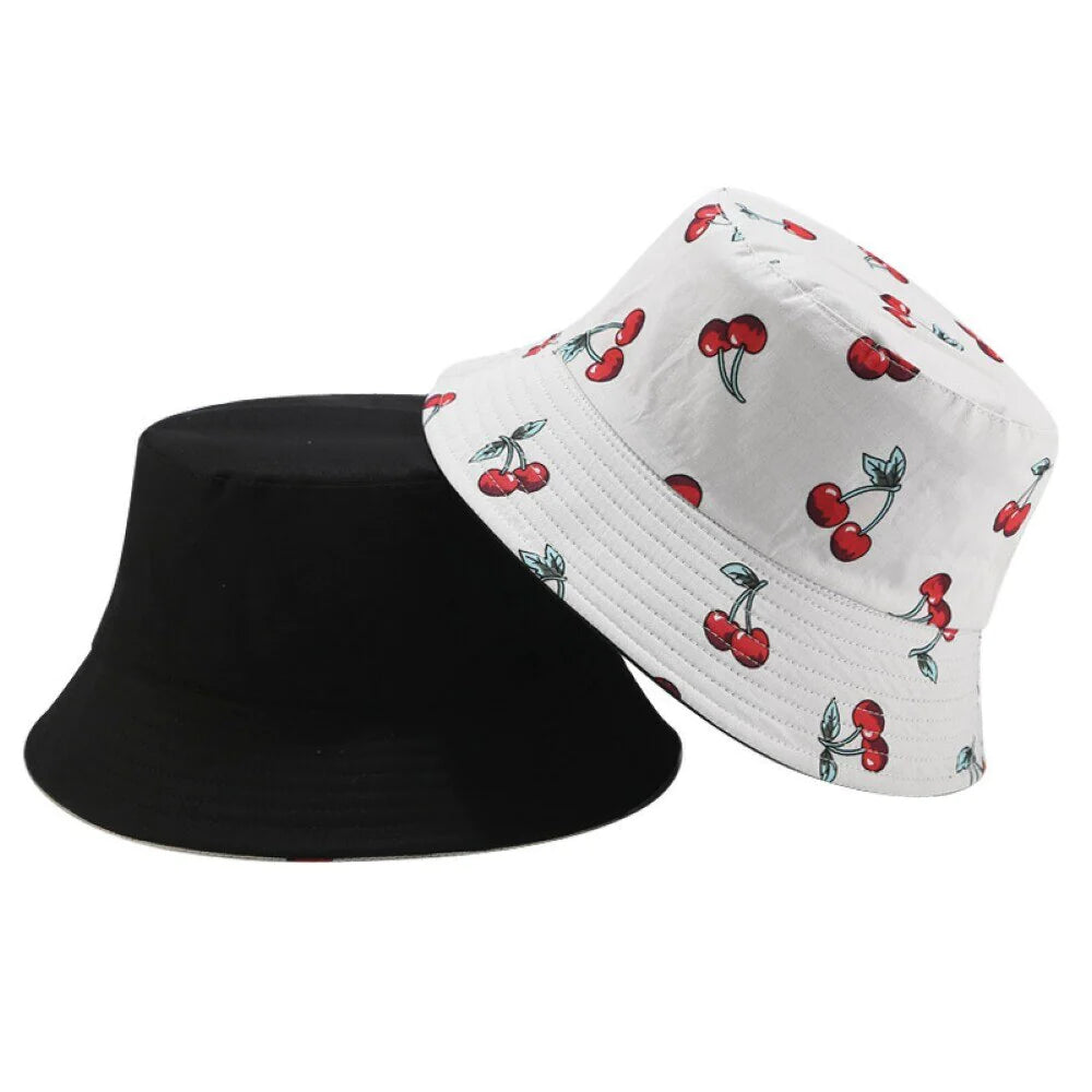 Bucket hat 100% cotton with reversible design, cherry white festival hat
