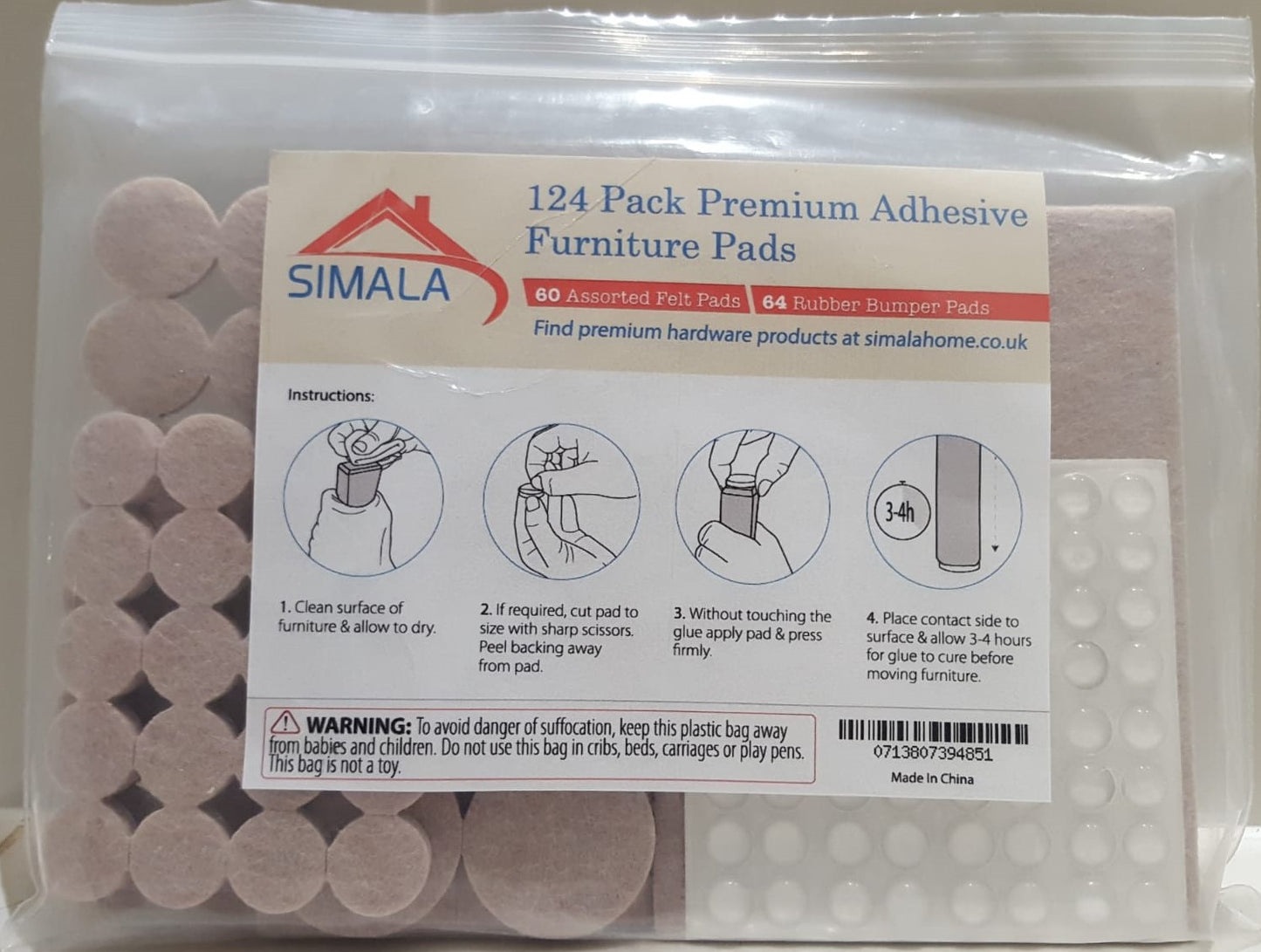 Premium 124 Pack Furniture Pads, 60 Felt Pads & 64 Rubber Bumpers