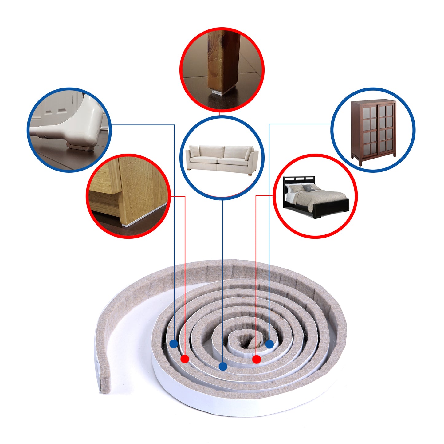 Beige felt roll strips can be used on beds, chairs, tables, sofas and cupboards to save floors from scratches.