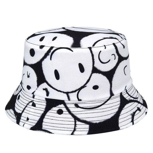 Bucket hat 100% cotton with reversible design, smiley white festival hat