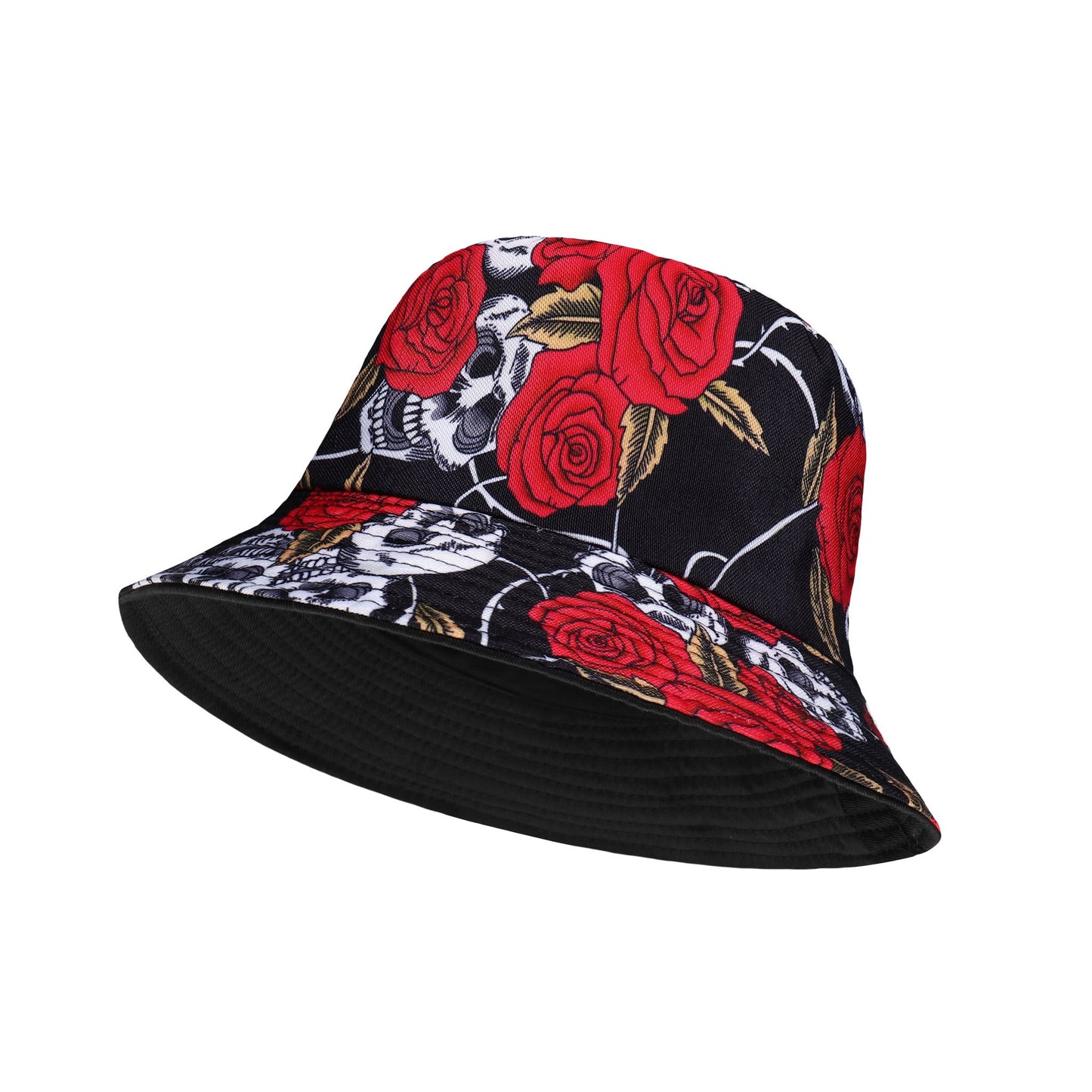 Bucket hat 100% cotton with reversible design, skulls & roses festival hat