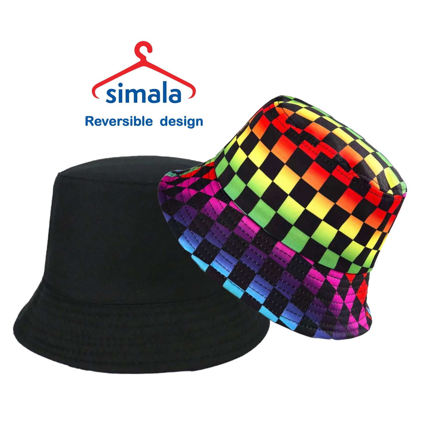 Bucket hat 100% cotton with reversible design, mutlicolour cheaquerboard festival hat
