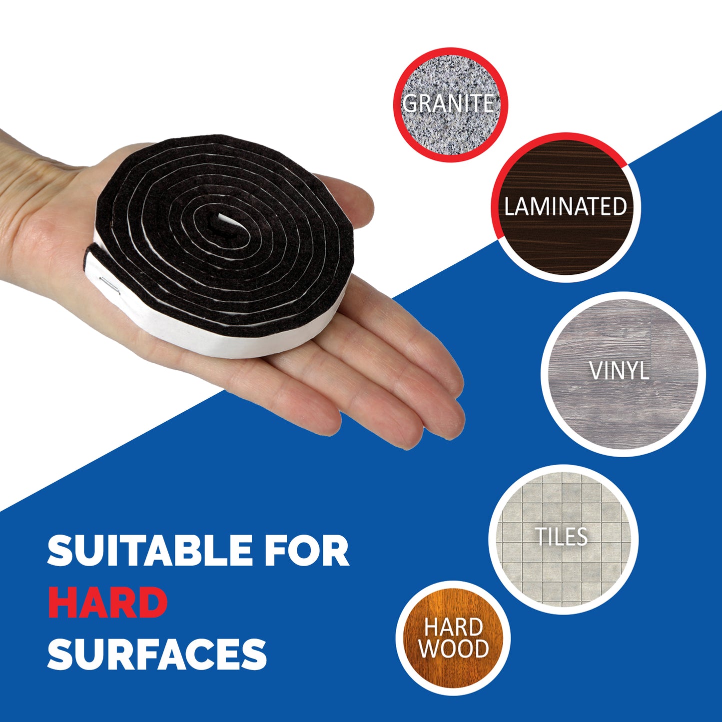 Furniture felt pad strip suitable for hard surface flooring, hardwood, tile, vinyl, laminate